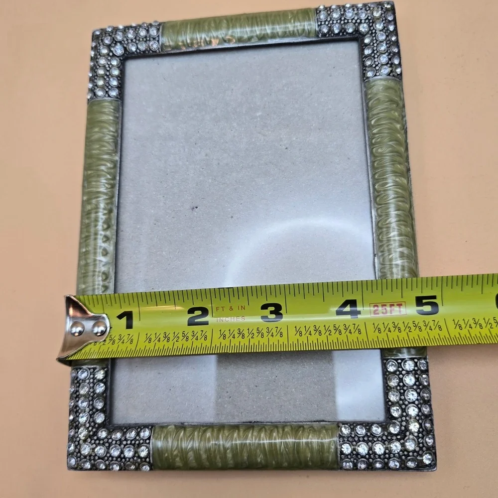 Sage Green Enamel and Rhinestone Picture Frame Vintage Style 4x6 Tabletop Decor - Picture 13 of 16